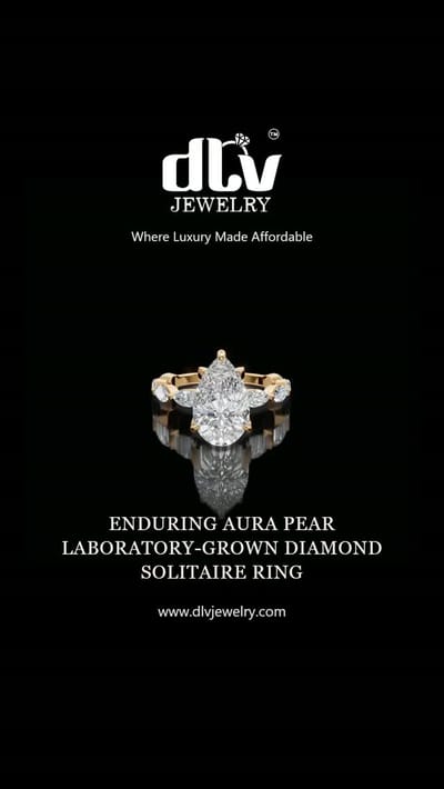 Enduring Aura: a pear-cut laboratory-grown diamond solitaire in gold, turning. A pear has a direction, so it can be set