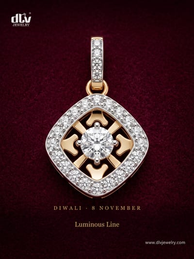 Three gold pendants set with lab-grown diamonds, for Diwali: a halo around a round centre stone, a round solitaire and a