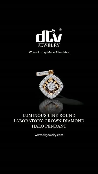 Luminous Line: a round lab-grown diamond halo pendant in gold, turning. A halo is a ring of smaller stones set around