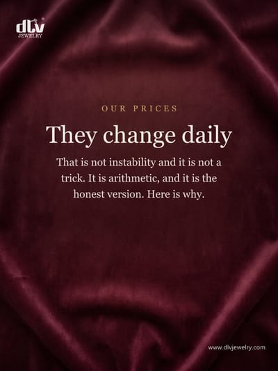 Our prices change daily. That is not instability — it is arithmetic.

A piece is metal, plus diamonds, plus making. The 