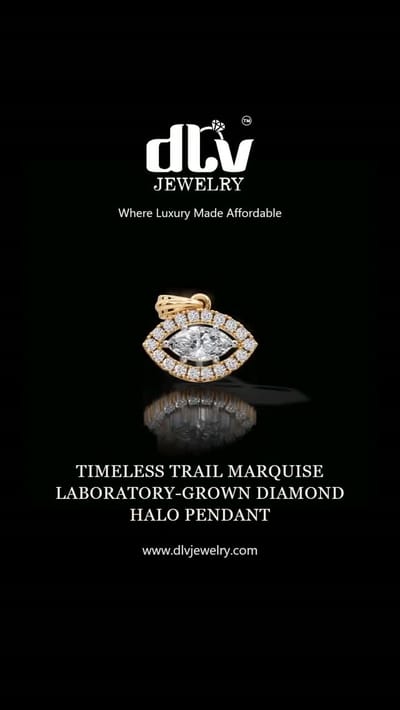 Timeless Trail: a marquise lab-grown diamond halo pendant in gold, turning. A marquise looks large for its weight. On a