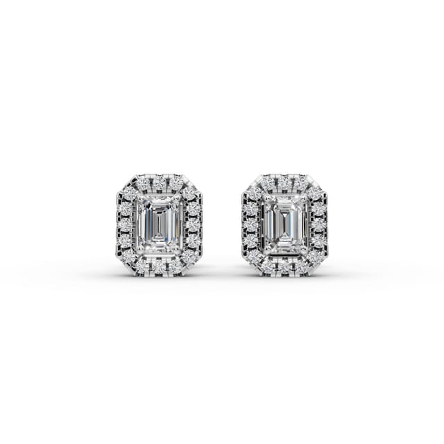 Midnight Glow Emerald Halo Stud Lab-Grown Diamond Silver Earring in silver, set with lab-grown diamonds