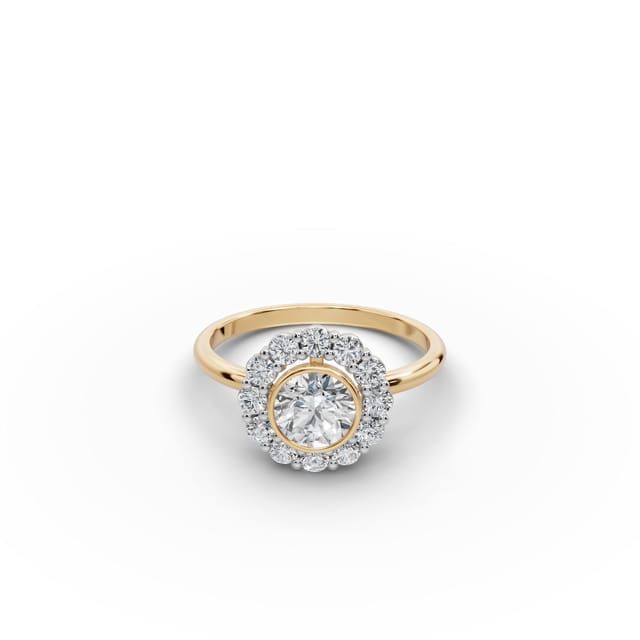 Pristine Dew Round Lab-Grown Diamond Halo Ring in yellow gold, set with lab-grown diamonds