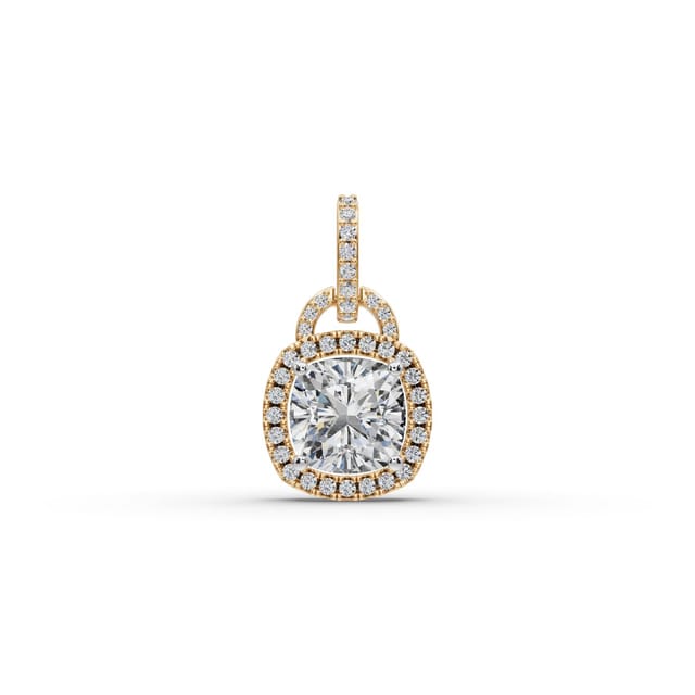 Serene Signature Cushion Lab-Grown Diamond Halo Pendant in yellow gold, set with lab-grown diamonds