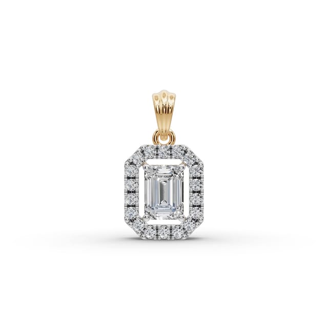 Endless Light Emerald Lab-Grown Diamond Halo Pendant in yellow gold, set with lab-grown diamonds