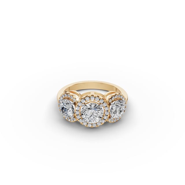 Graceful Sparkle Round Lab-Grown Diamond Three Stone Ring in yellow gold, set with lab-grown diamonds