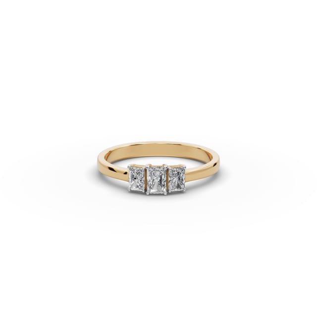 Regal Light Radiant Lab-Grown Diamond Three Stone Ring in yellow gold, set with lab-grown diamonds