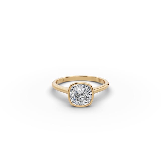 Golden Sparkle Cushion Lab-Grown Diamond Solitaire Ring in yellow gold, set with lab-grown diamonds