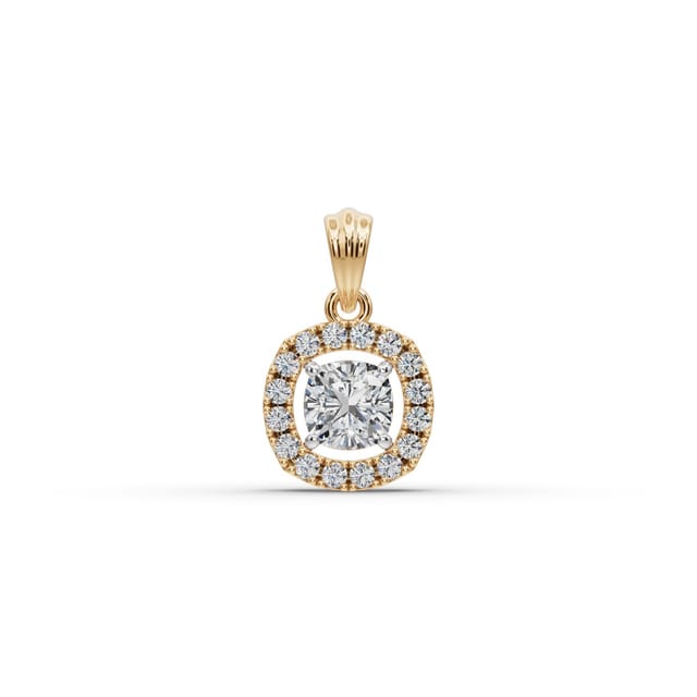 Celestial Muse Cushion Lab-Grown Diamond Halo Pendant in yellow gold, set with lab-grown diamonds