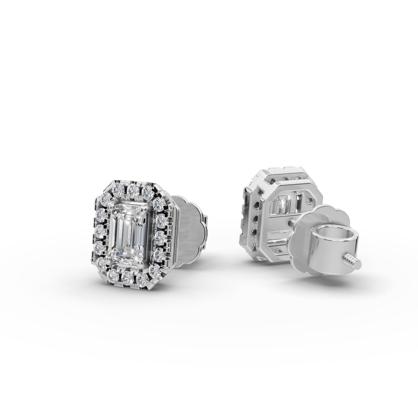 Midnight Glow Emerald Halo Stud Lab-Grown Diamond Silver Earring in silver