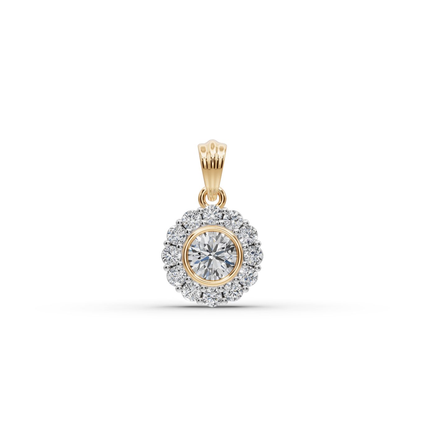 Graceful Glow Round Lab-Grown Diamond Halo Pendant in yellow gold, set with lab-grown diamonds