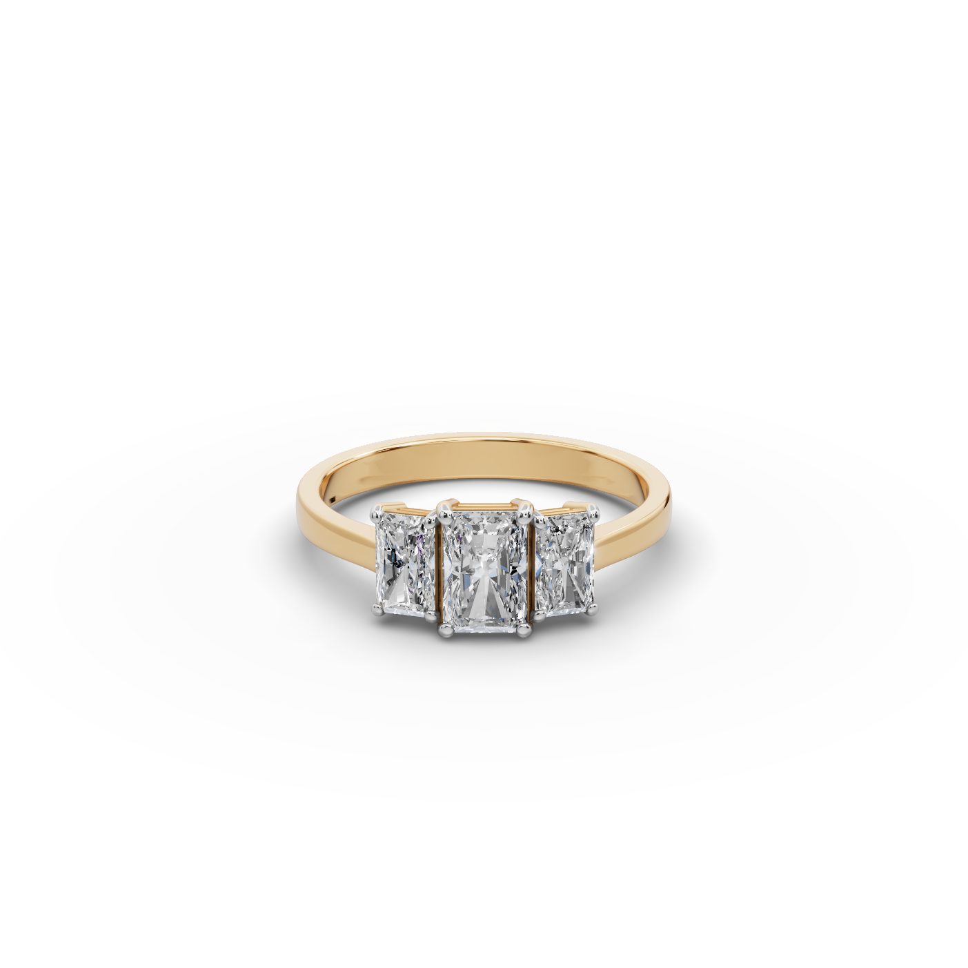 Brilliant Sparkle Radiant Lab-Grown Diamond Three Stone Ring in yellow gold, set with lab-grown diamonds