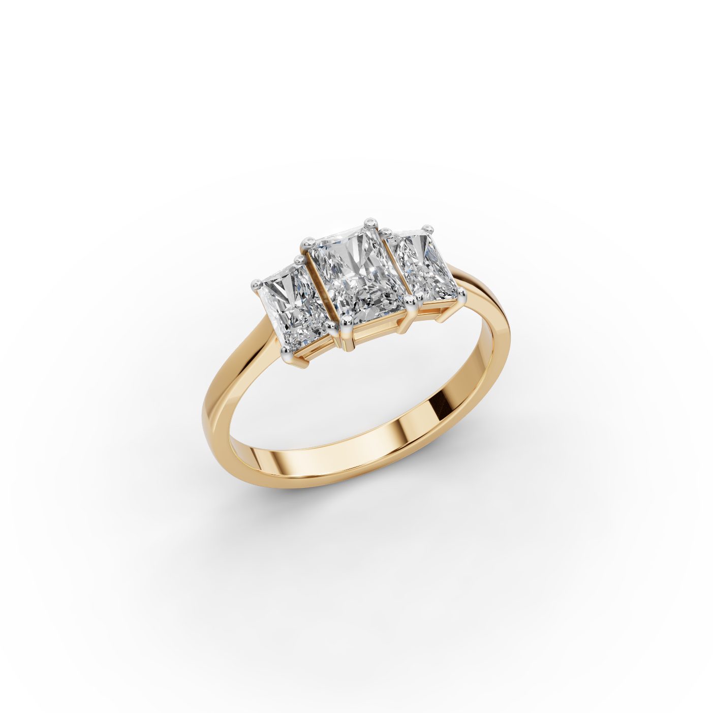 Brilliant Sparkle Radiant Lab-Grown Diamond Three Stone Ring in yellow gold