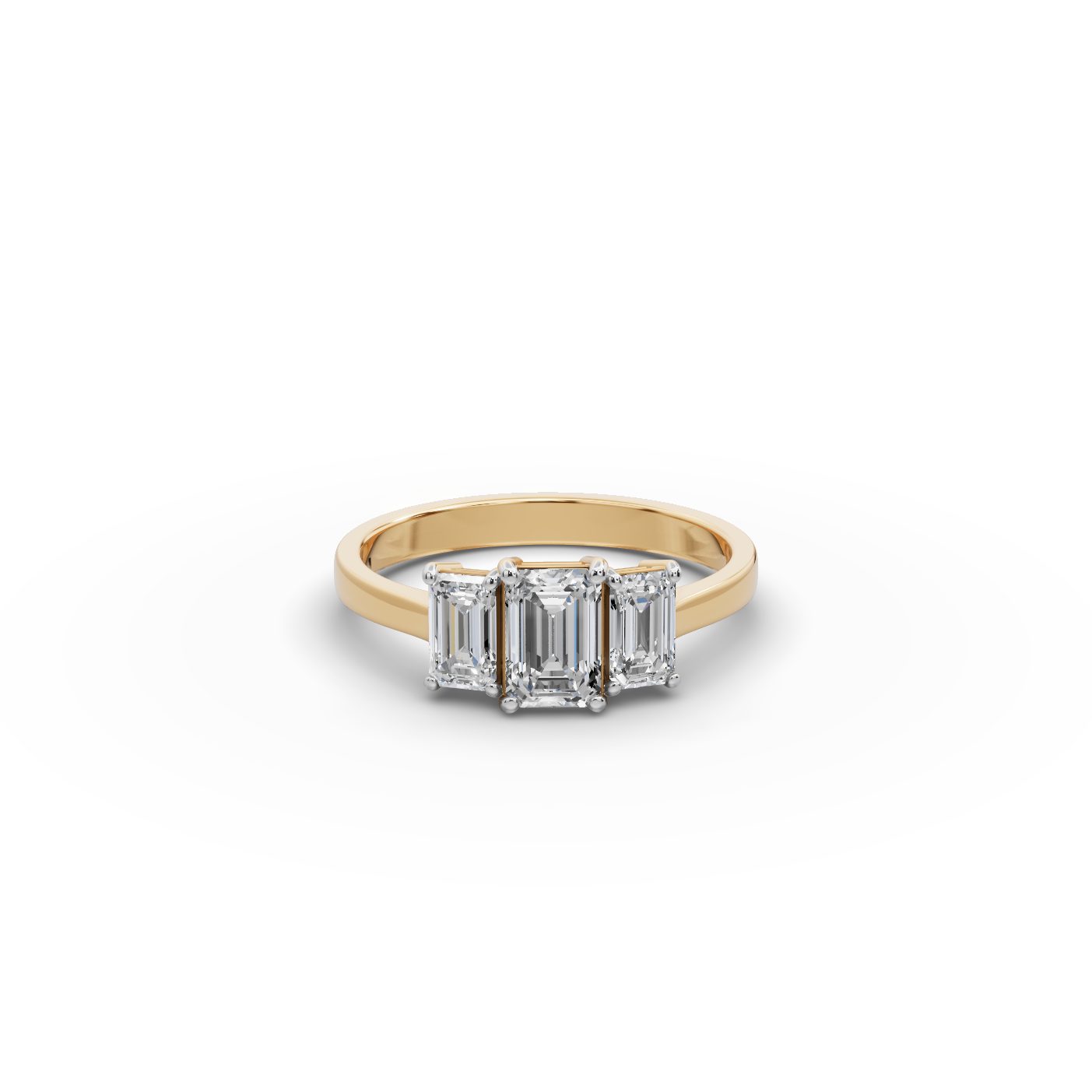 Graceful Reverie Emerald Lab-Grown Diamond Three Stone Ring in yellow gold, set with lab-grown diamonds