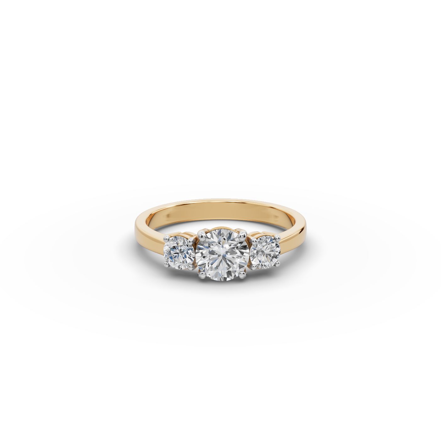 Royal Grace Round Lab-Grown Diamond Three Stone Ring in yellow gold, set with lab-grown diamonds