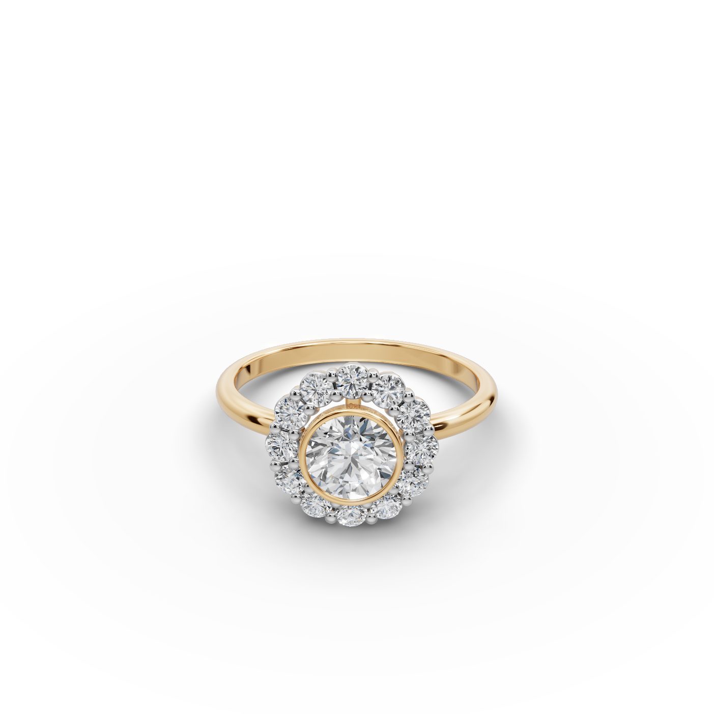 Pristine Dew Round Lab-Grown Diamond Halo Ring in yellow gold, set with lab-grown diamonds