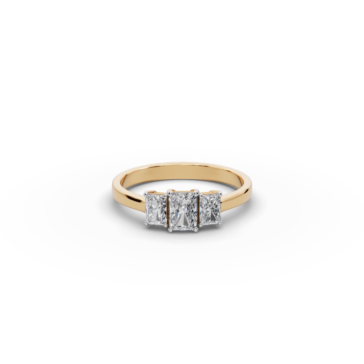 Serene Grace Radiant Lab-Grown Diamond Three Stone Ring in yellow gold, set with lab-grown diamonds