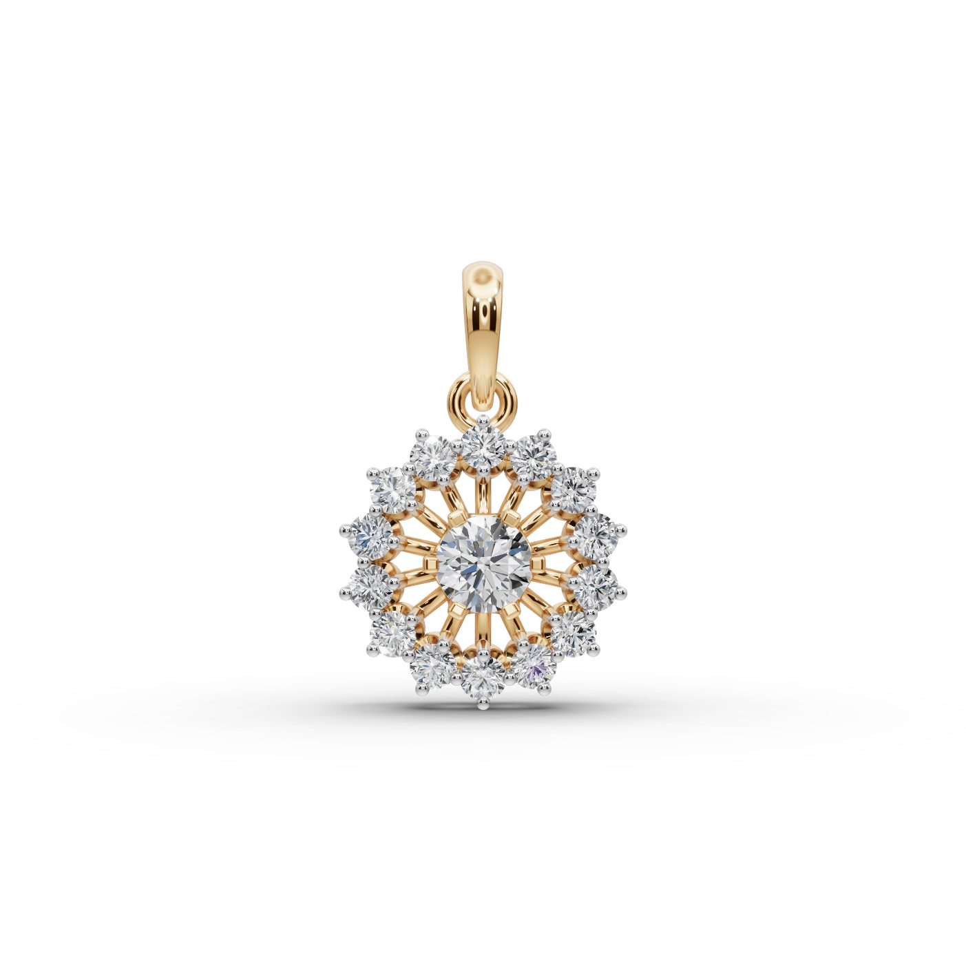 Pristine Muse Sunburst Lab-Grown Diamond Pendant in yellow gold, set with lab-grown diamonds