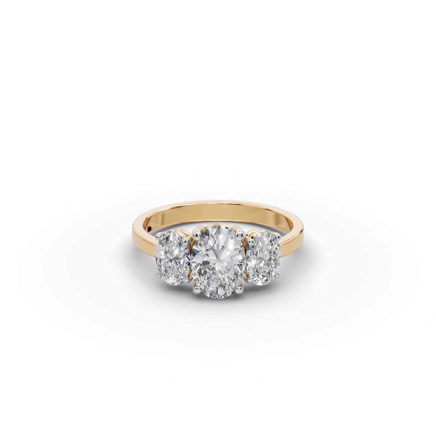 Pristine Bloom Oval Lab-Grown Diamond Three Stone Ring in yellow gold, set with lab-grown diamonds