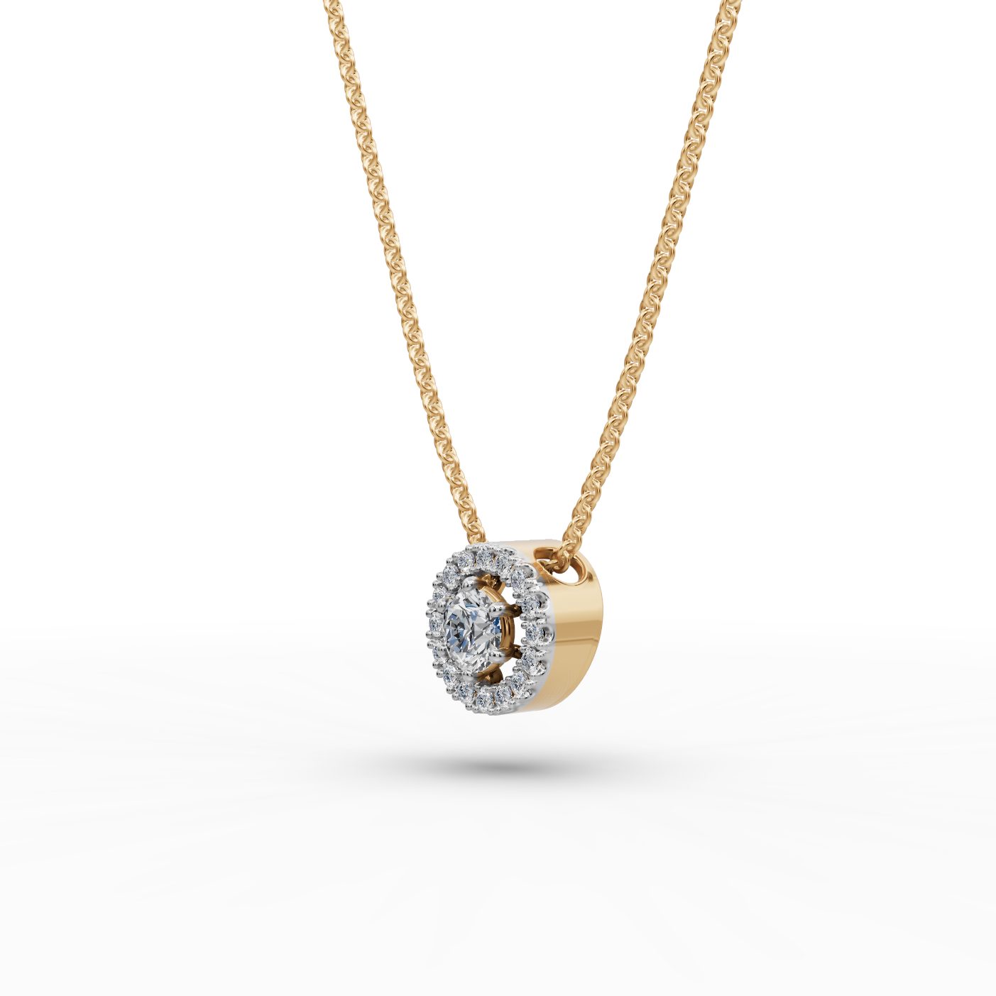Serene Muse Round Lab-Grown Diamond Halo Pendant in yellow gold