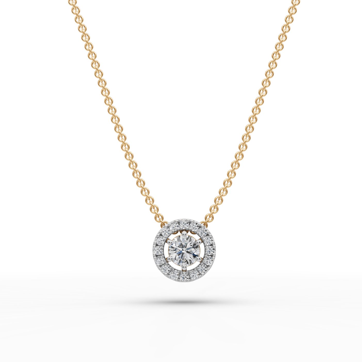 Serene Muse Round Lab-Grown Diamond Halo Pendant in yellow gold