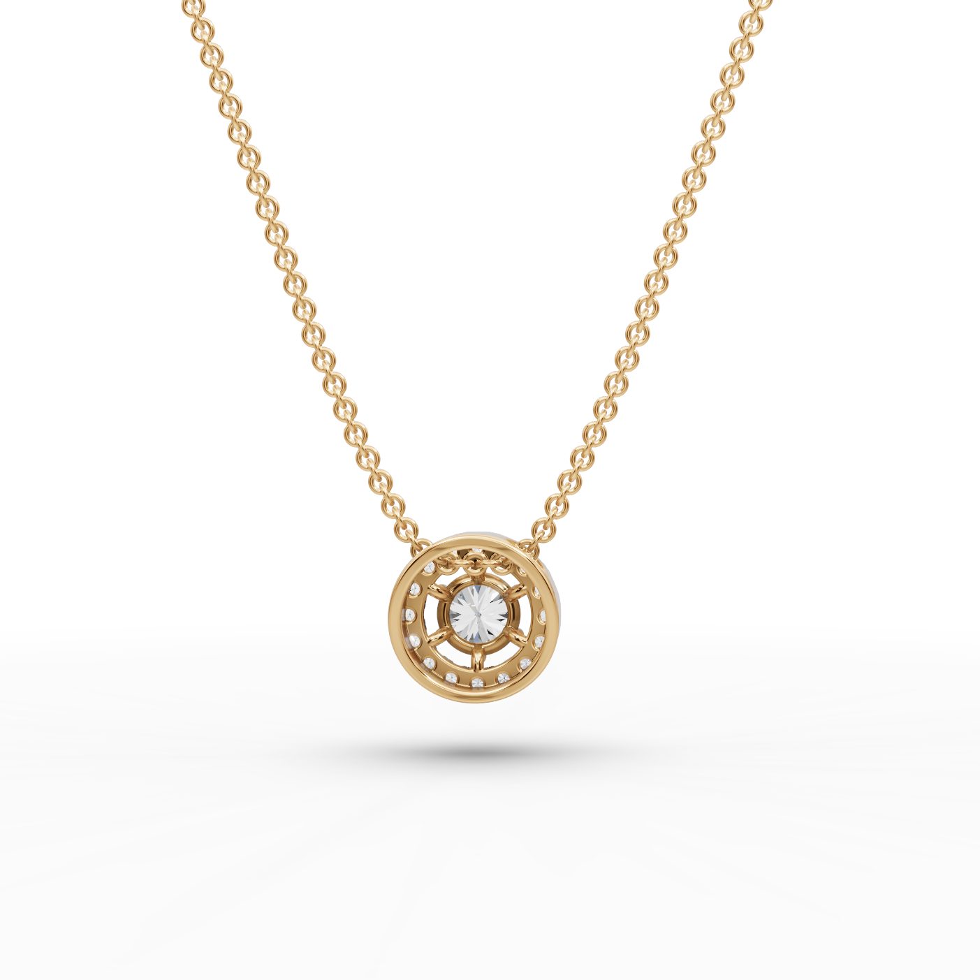 Serene Muse Round Lab-Grown Diamond Halo Pendant in yellow gold
