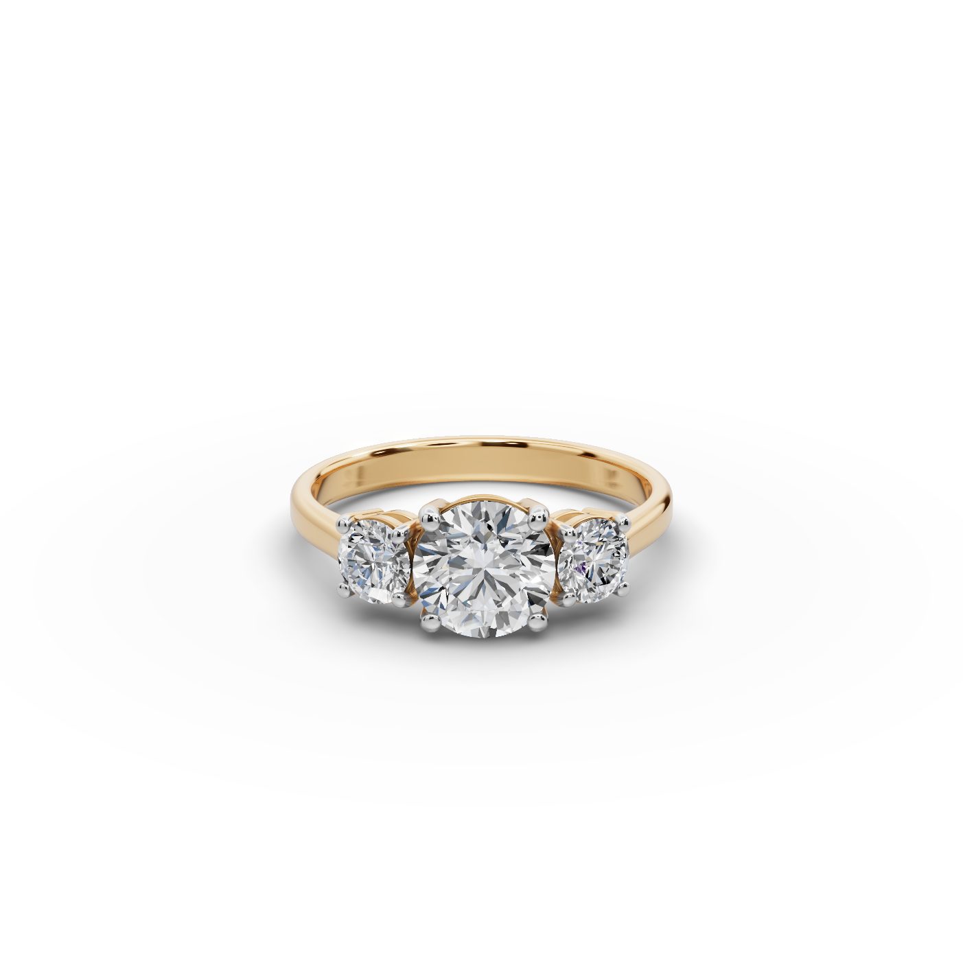 Pristine Muse Round Lab-Grown Diamond Three Stone Ring in yellow gold, set with lab-grown diamonds