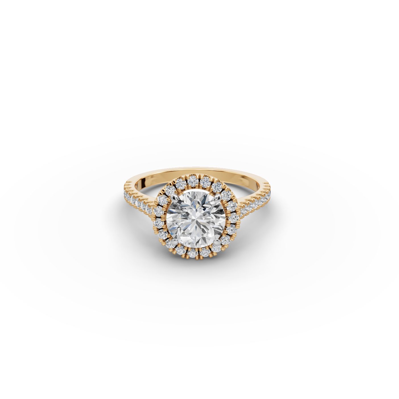 Timeless Cascade Round Lab-Grown Diamond Halo Ring in yellow gold, set with lab-grown diamonds