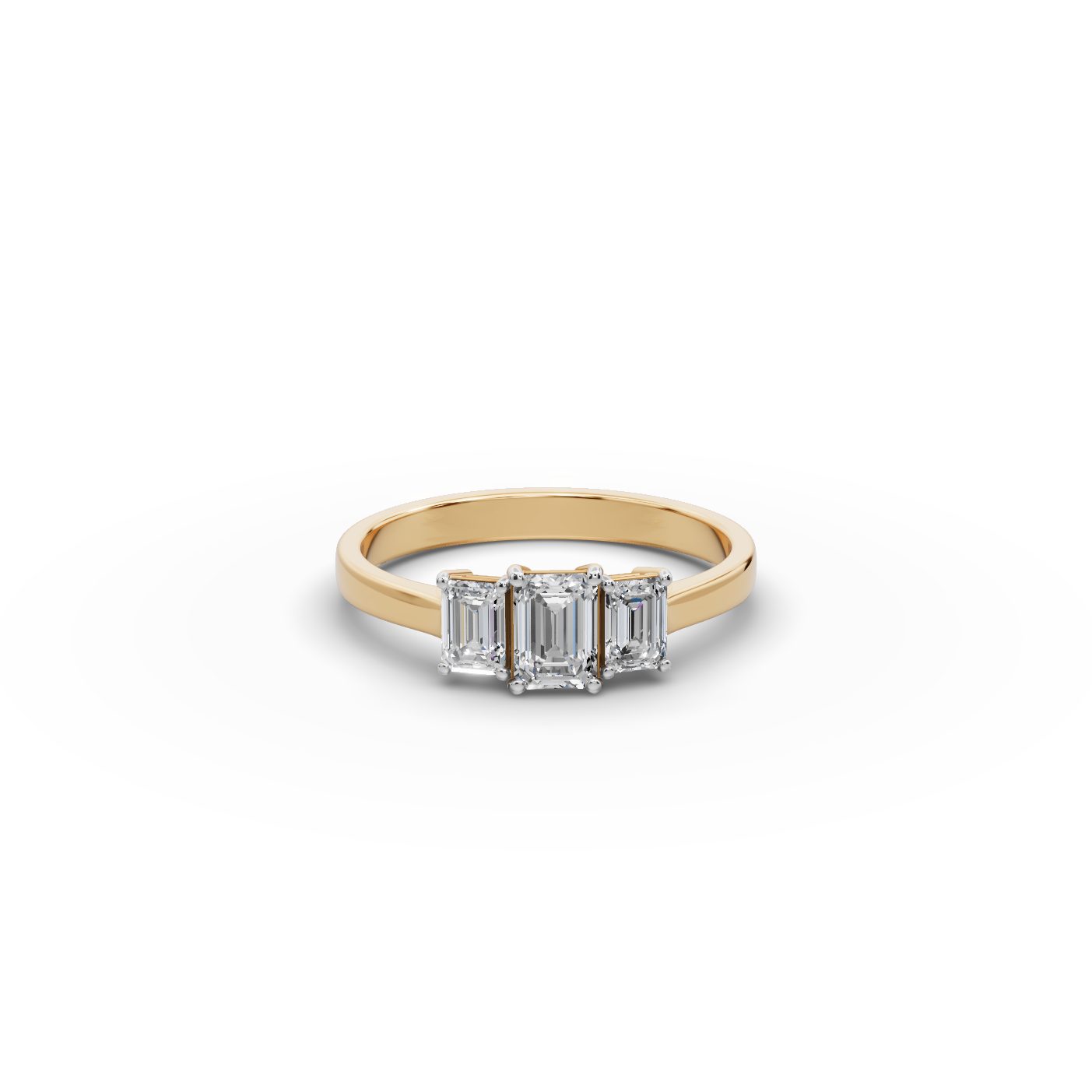 Radiant Whisper Emerald Lab-Grown Diamond Three Stone Ring in yellow gold, set with lab-grown diamonds