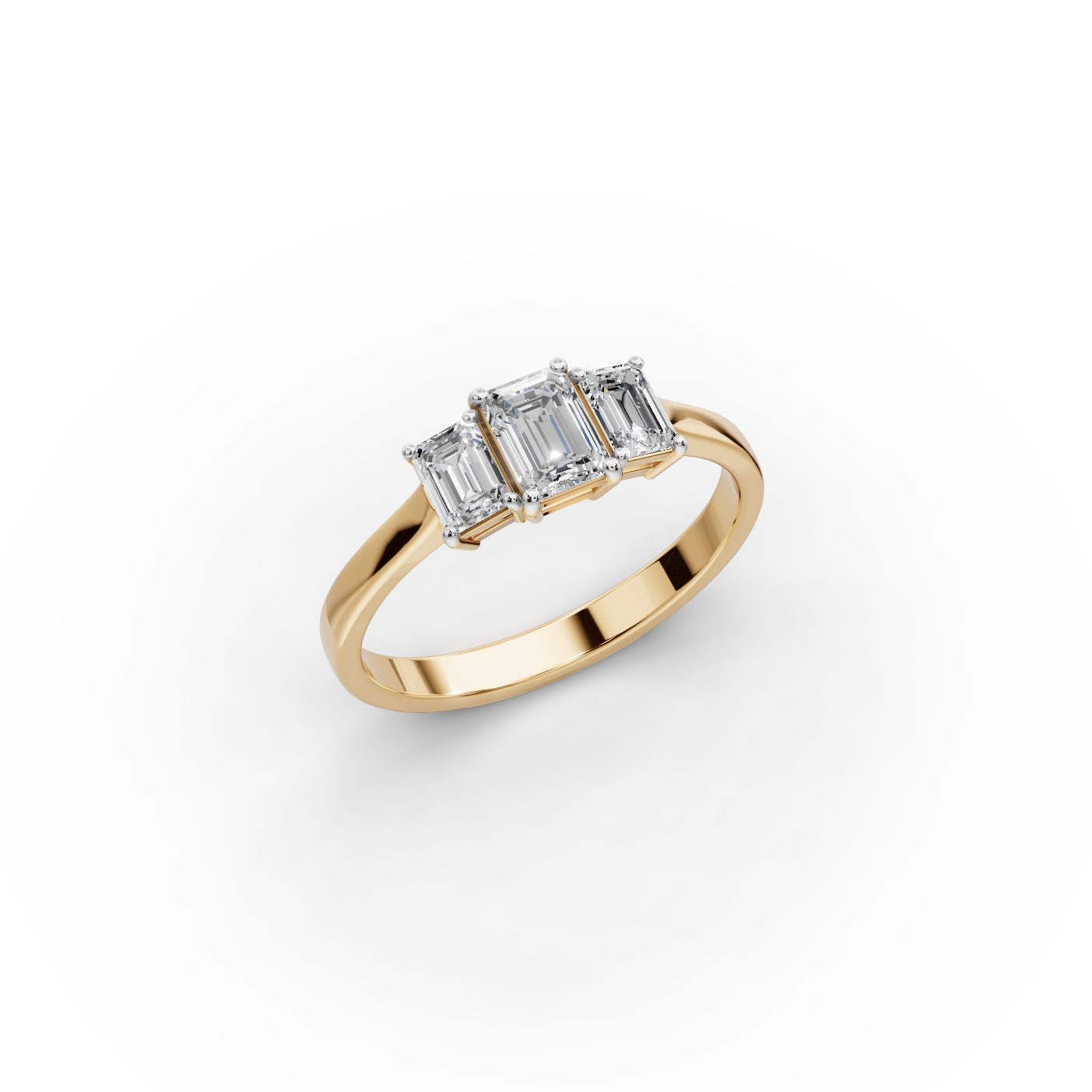 Radiant Whisper Emerald Lab-Grown Diamond Three Stone Ring in yellow gold