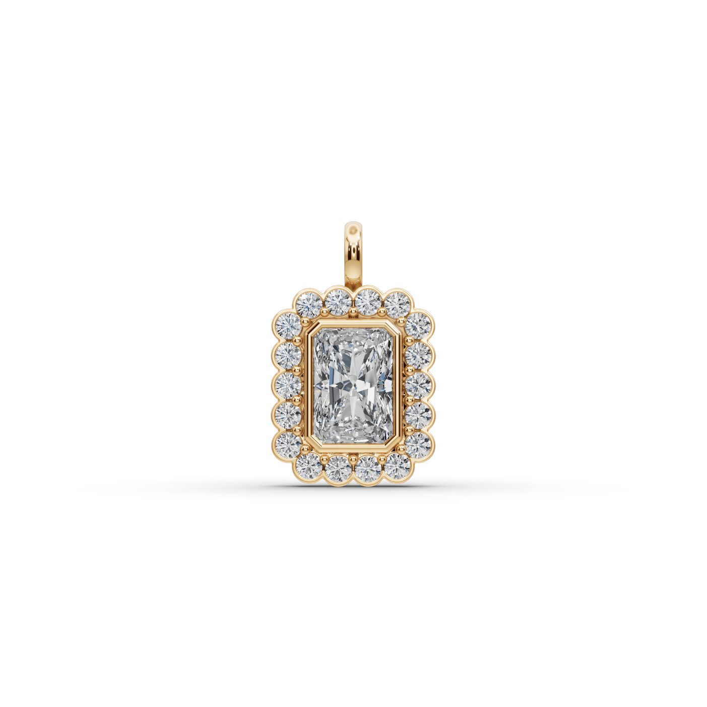 Celestial Cascade Radiant Lab-Grown Diamond Halo Pendant in yellow gold, set with lab-grown diamonds