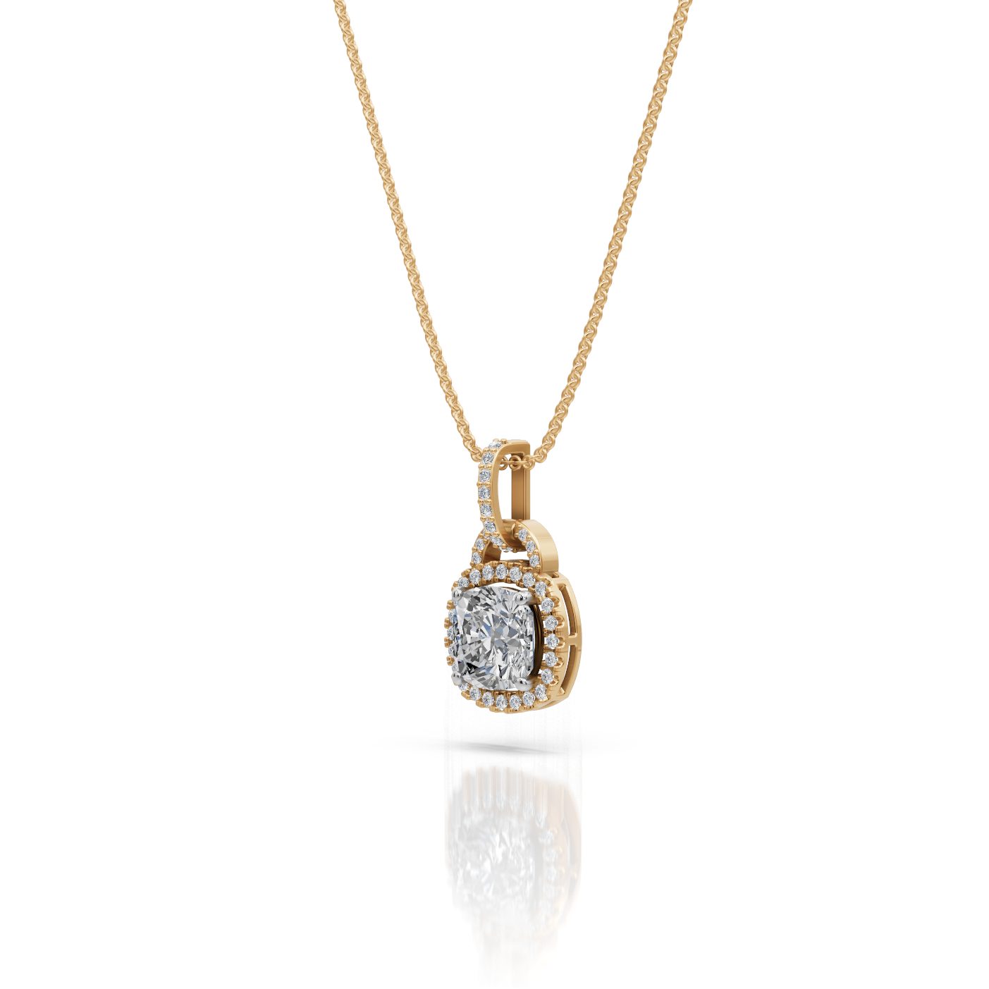 Serene Signature Cushion Lab-Grown Diamond Halo Pendant in yellow gold