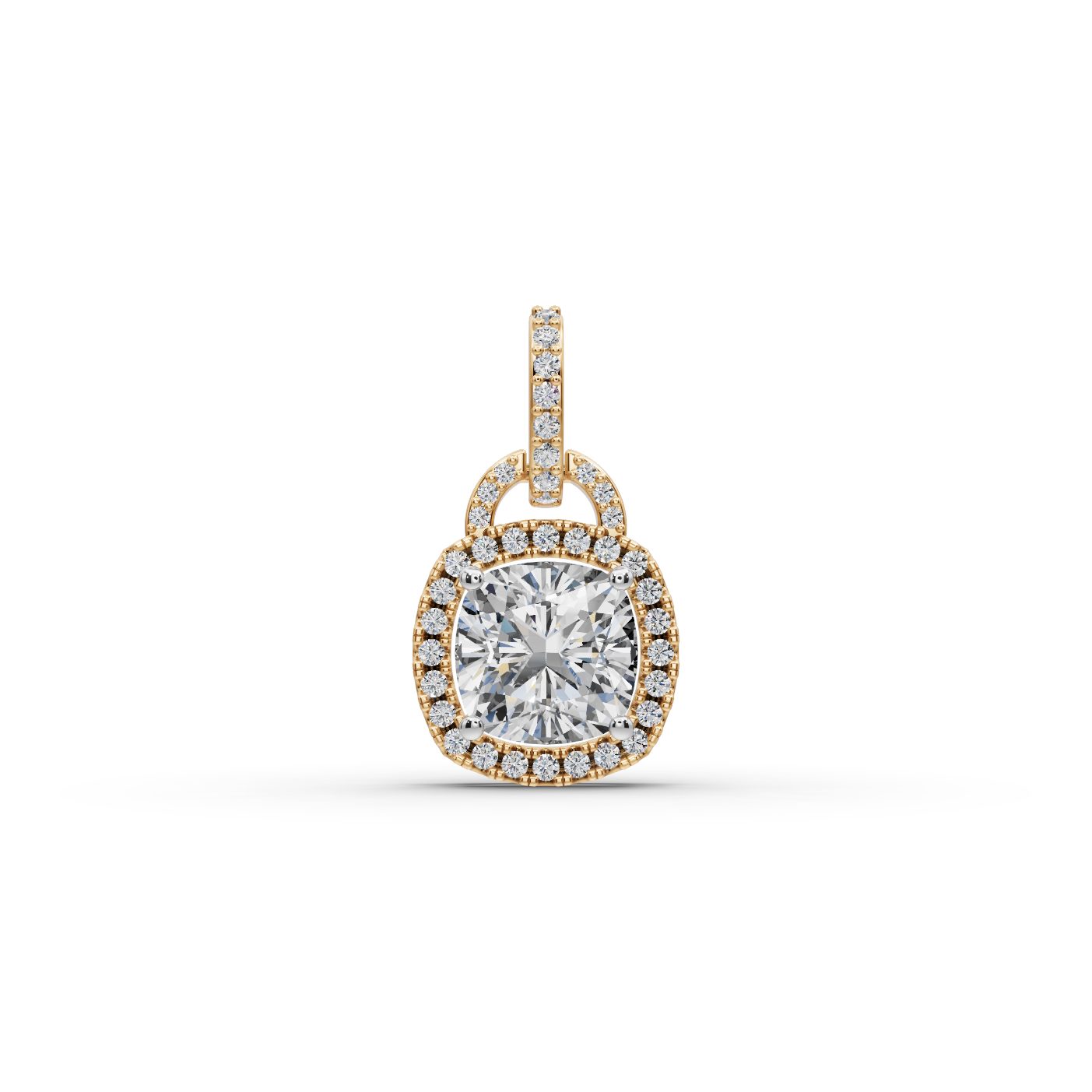 Serene Signature Cushion Lab-Grown Diamond Halo Pendant in yellow gold, set with lab-grown diamonds