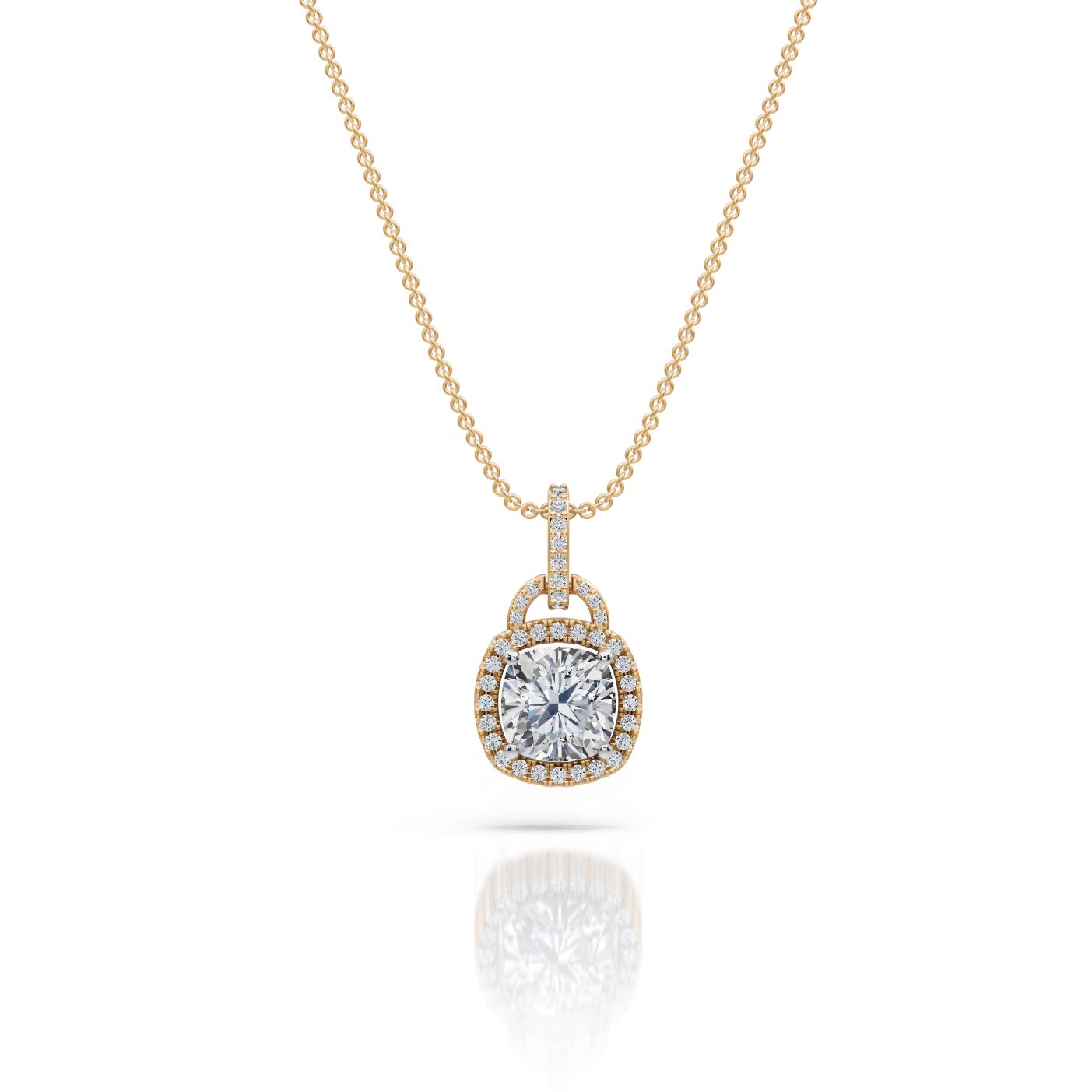 Serene Signature Cushion Lab-Grown Diamond Halo Pendant in yellow gold