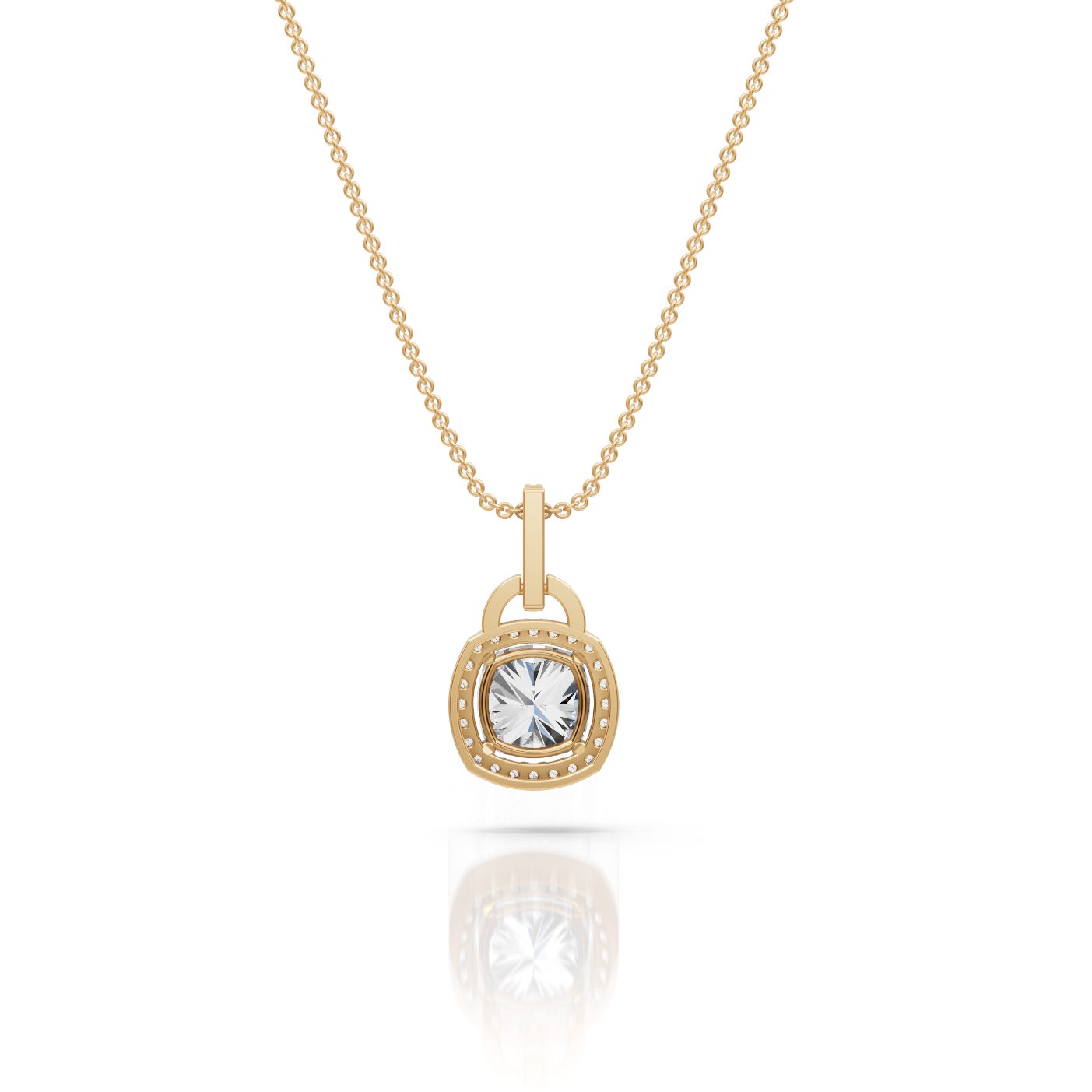 Serene Signature Cushion Lab-Grown Diamond Halo Pendant in yellow gold
