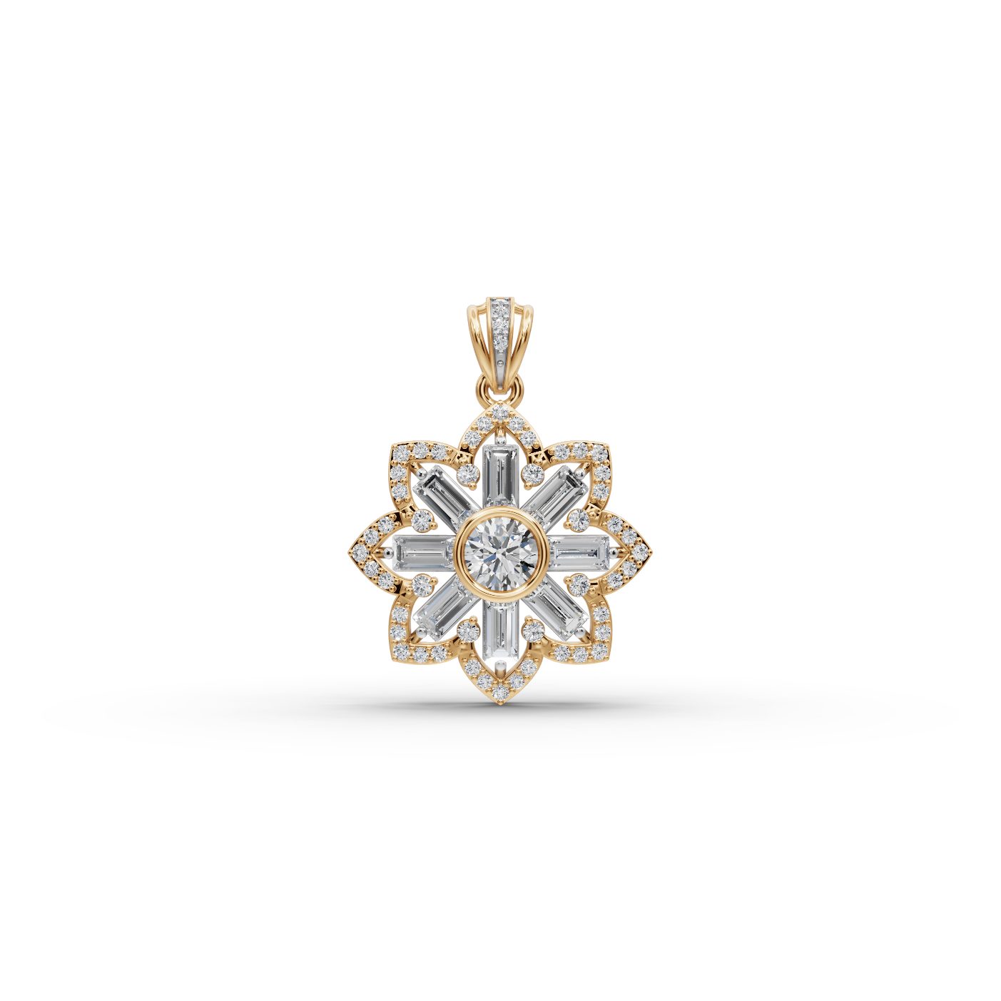 Opulent Sparkle Baguette Lab-Grown Diamond Cluster Pendant in yellow gold, set with lab-grown diamonds