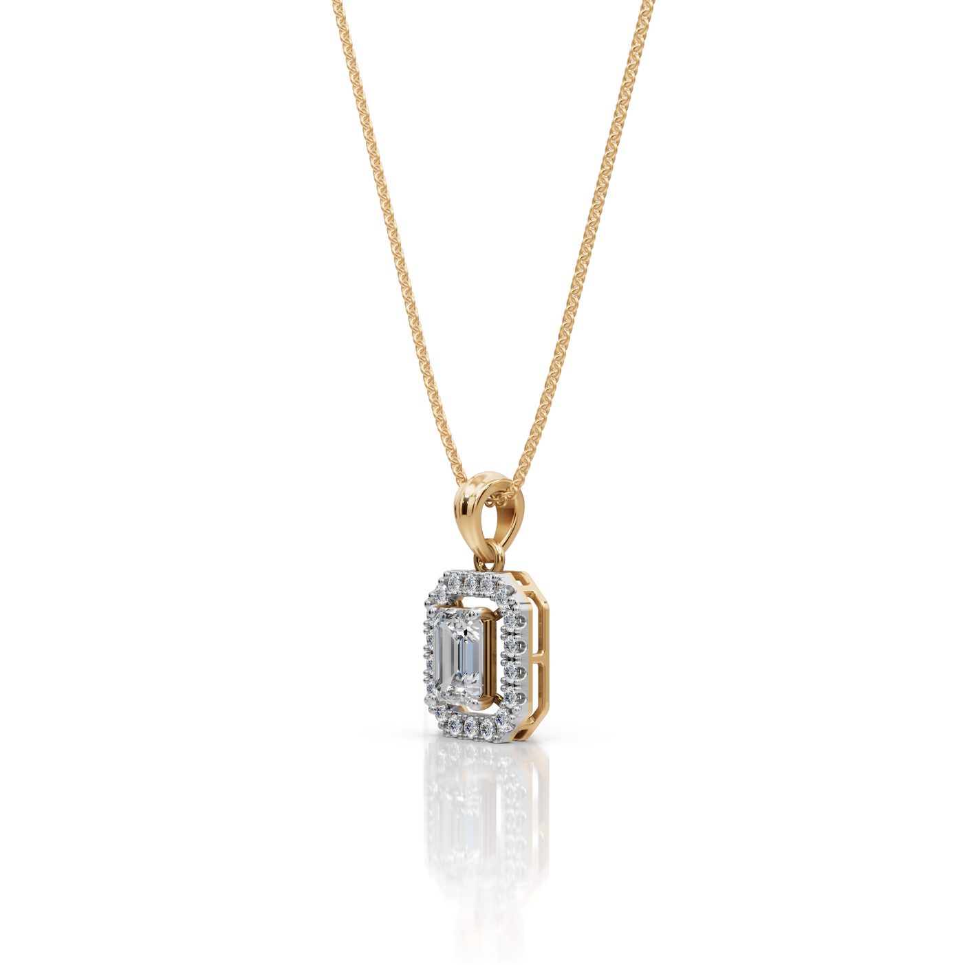 Endless Light Emerald Lab-Grown Diamond Halo Pendant in yellow gold