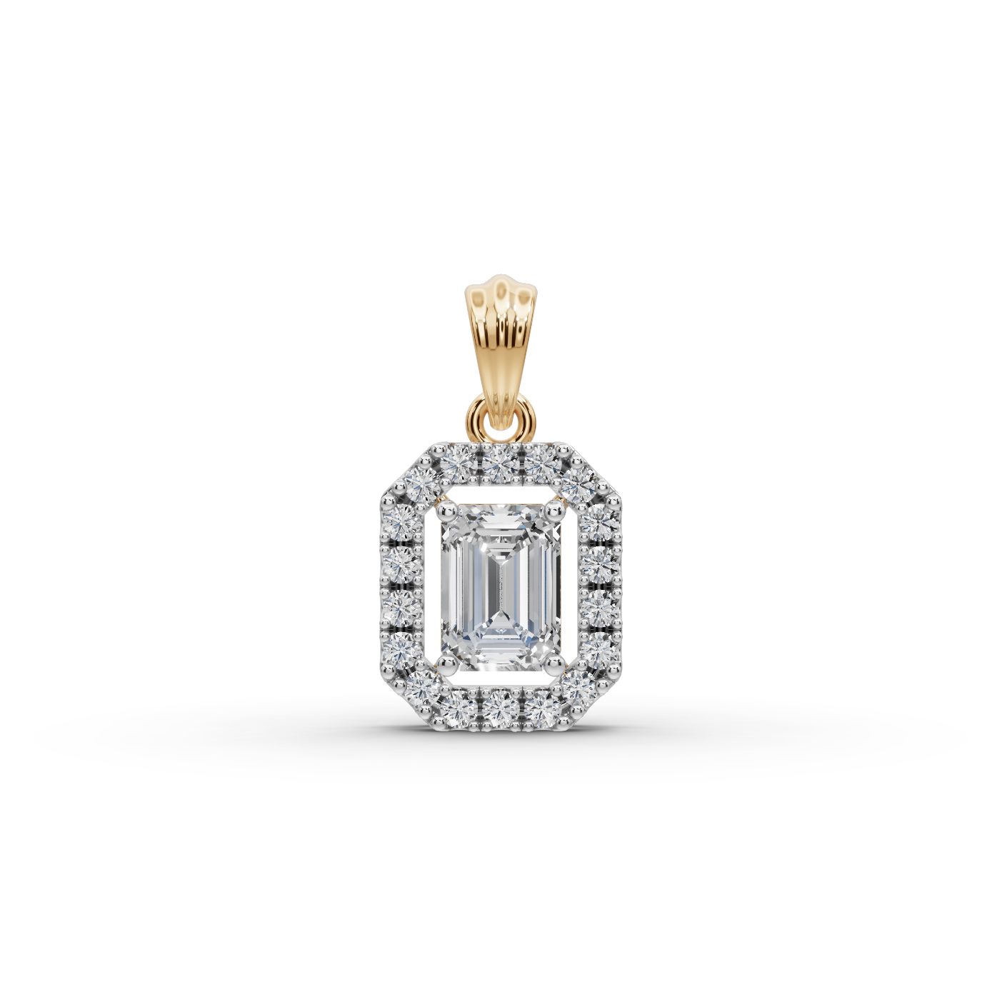 Endless Light Emerald Lab-Grown Diamond Halo Pendant in yellow gold, set with lab-grown diamonds