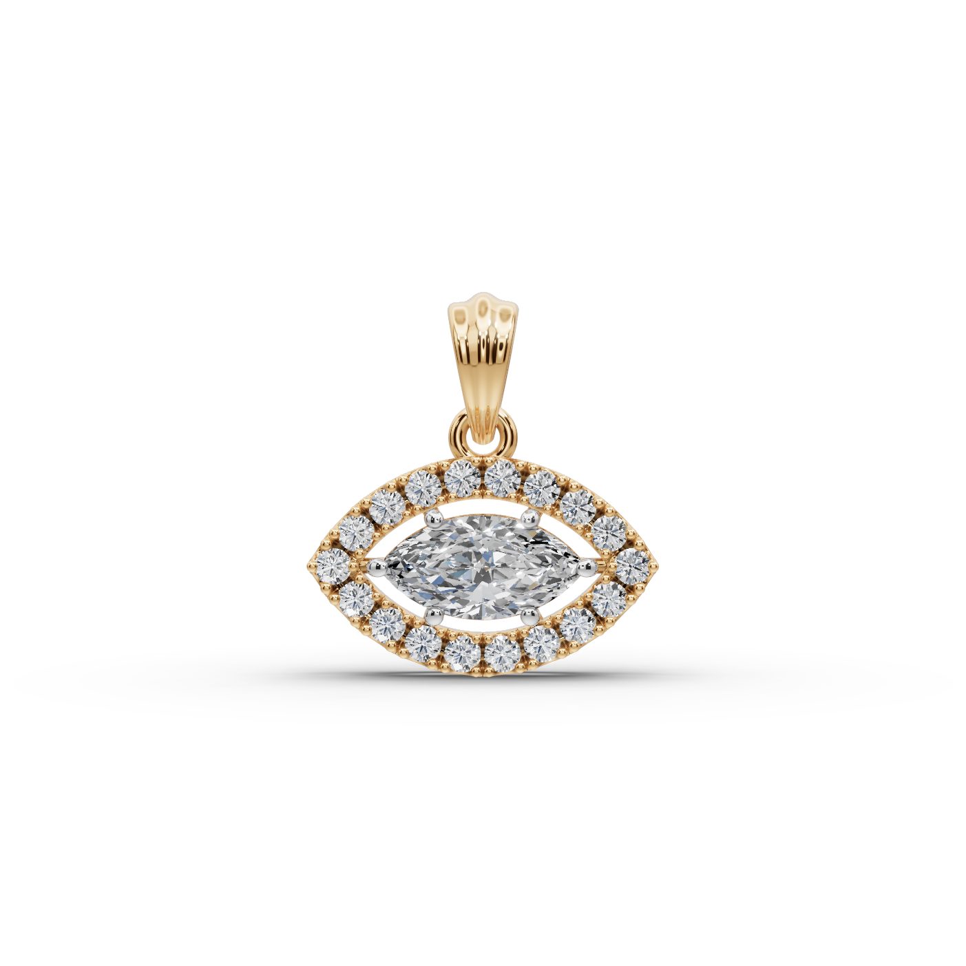 Timeless Trail Marquise Lab-Grown Diamond Halo Pendant in yellow gold, set with lab-grown diamonds