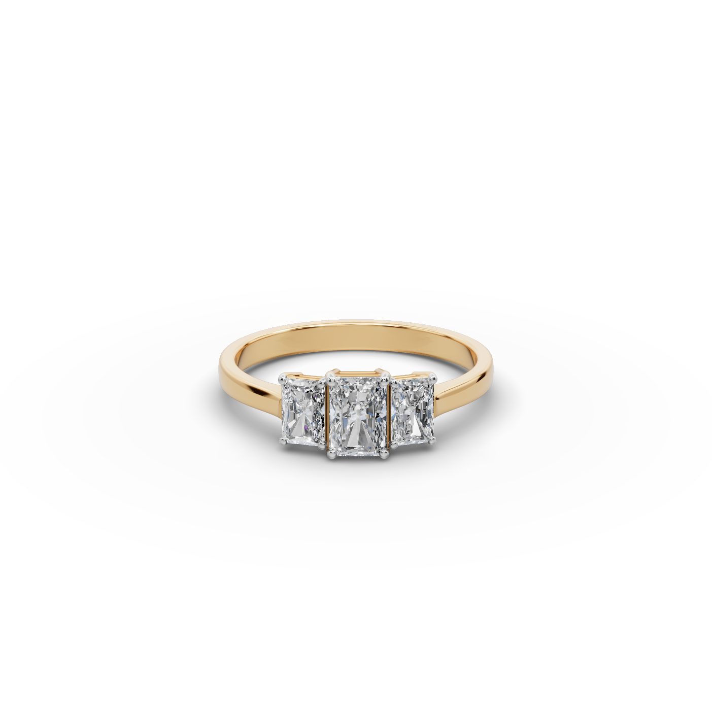 Opulent Muse Radiant Lab-Grown Diamond Three Stone Ring in yellow gold, set with lab-grown diamonds
