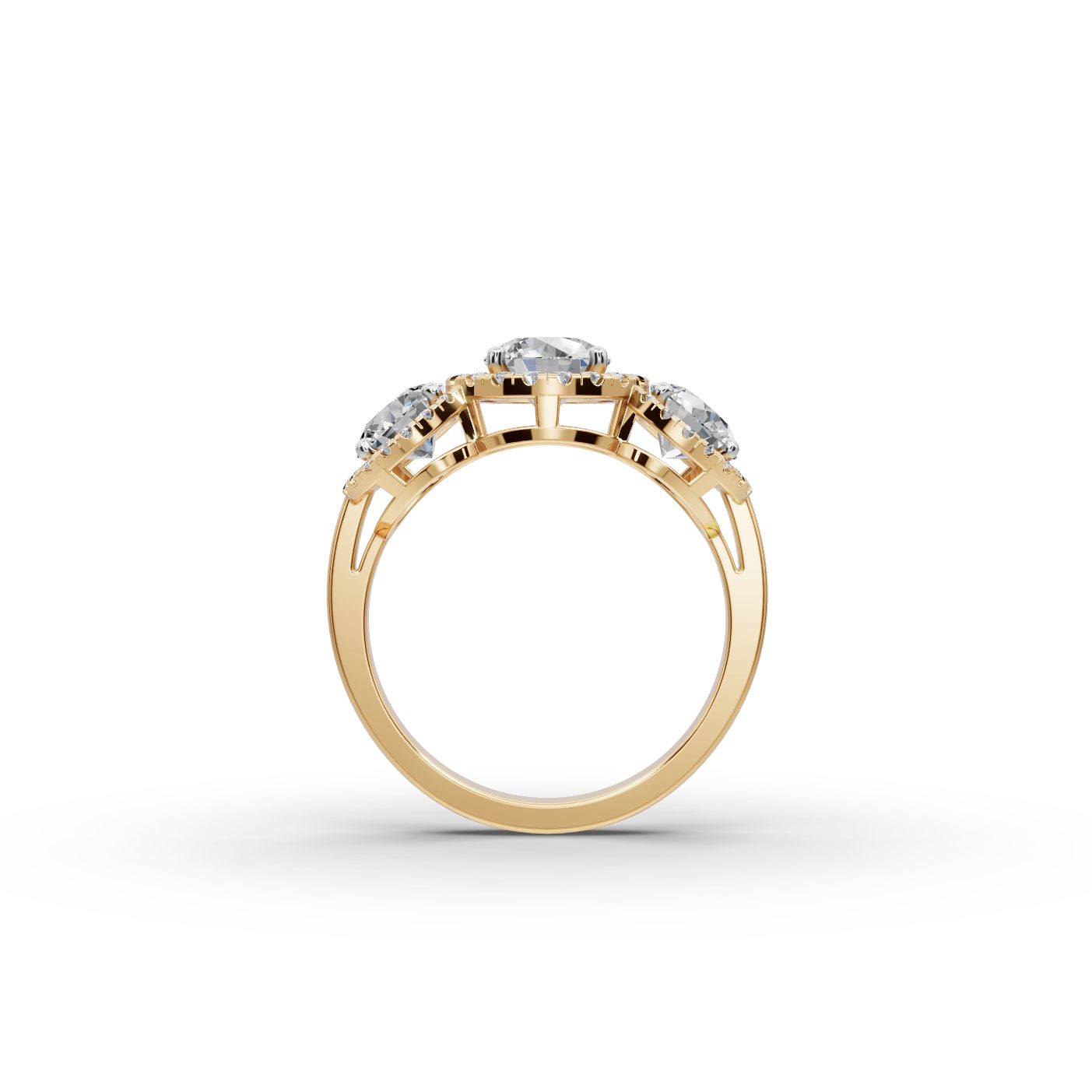 Graceful Sparkle Round Lab-Grown Diamond Three Stone Ring in yellow gold