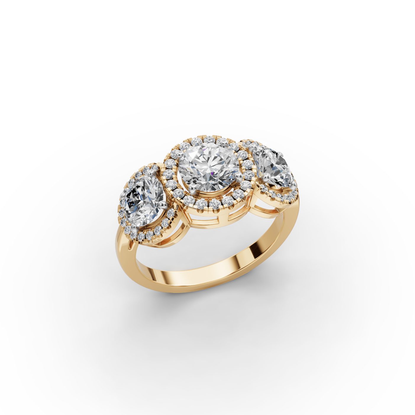 Graceful Sparkle Round Lab-Grown Diamond Three Stone Ring in yellow gold