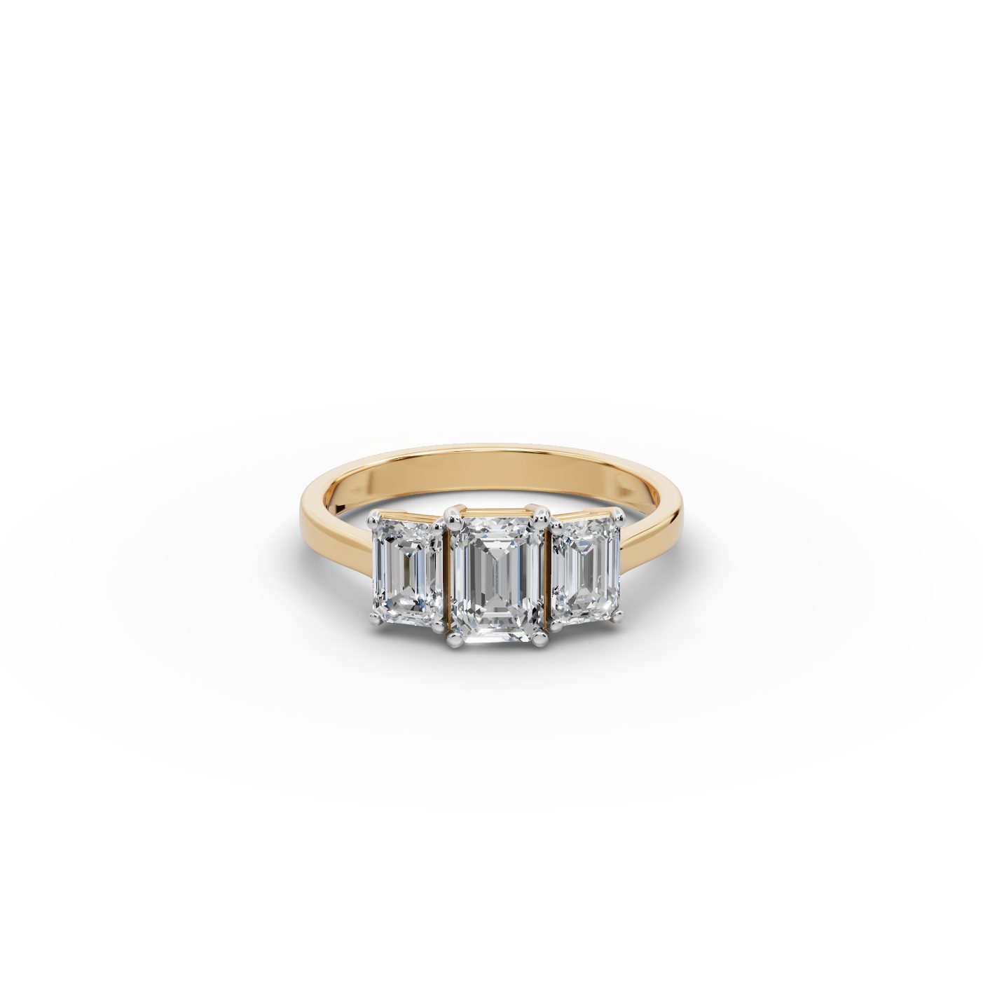 Luminous Signature Emerald Lab-Grown Diamond Three Stone Ring in yellow gold, set with lab-grown diamonds