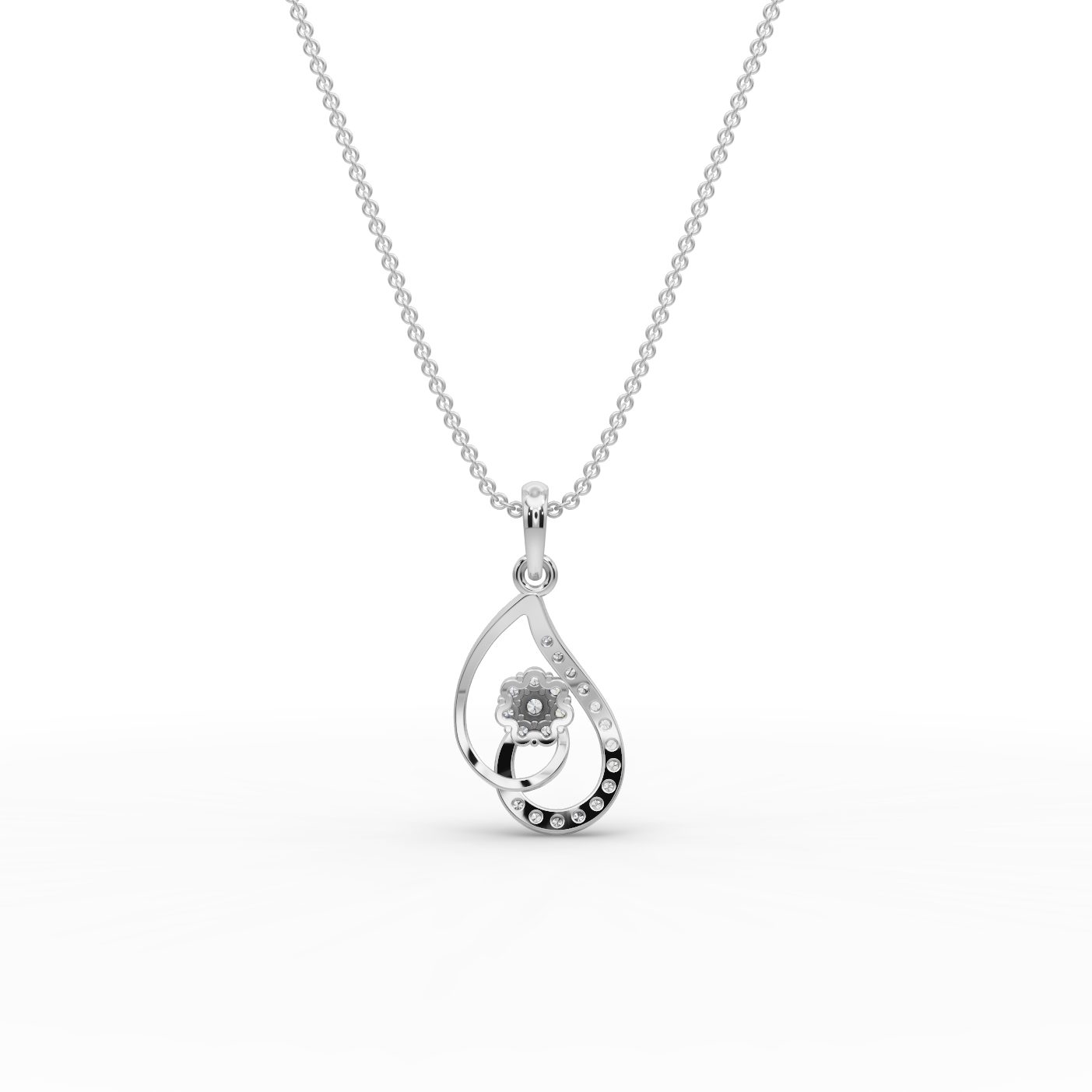 Serene Signature Teardrop Flower Lab-Grown Diamond Silver Pendant in silver