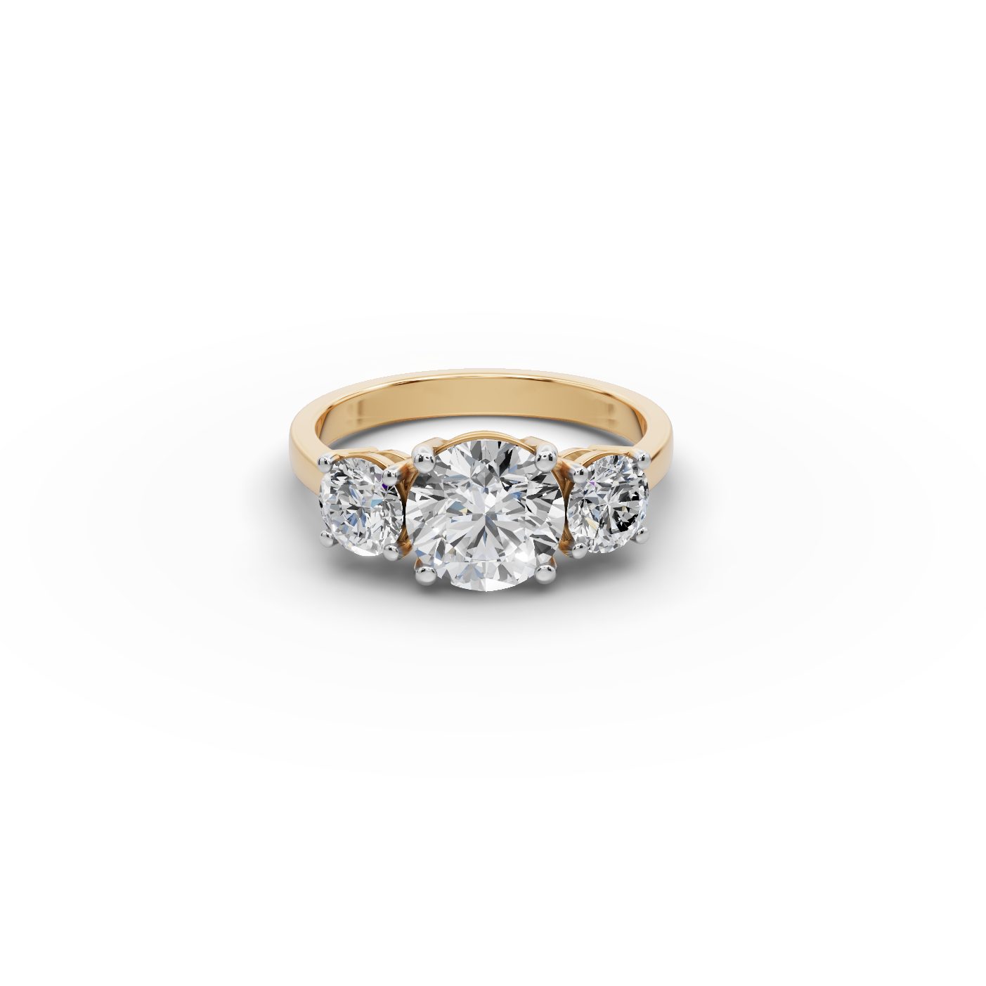 Serene Grace Round Lab-Grown Diamond Three Stone Ring in yellow gold, set with lab-grown diamonds