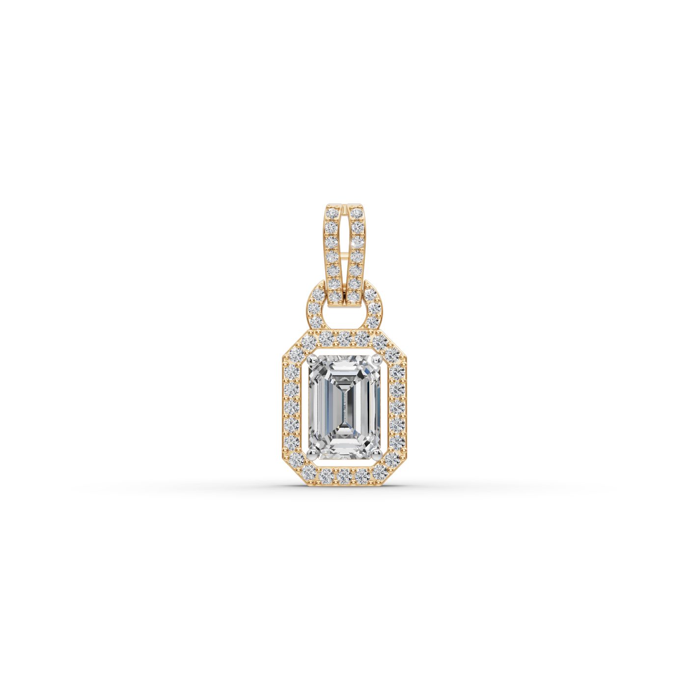 Celestial Promise Emerald Lab-Grown Diamond Halo Pendant in yellow gold, set with lab-grown diamonds