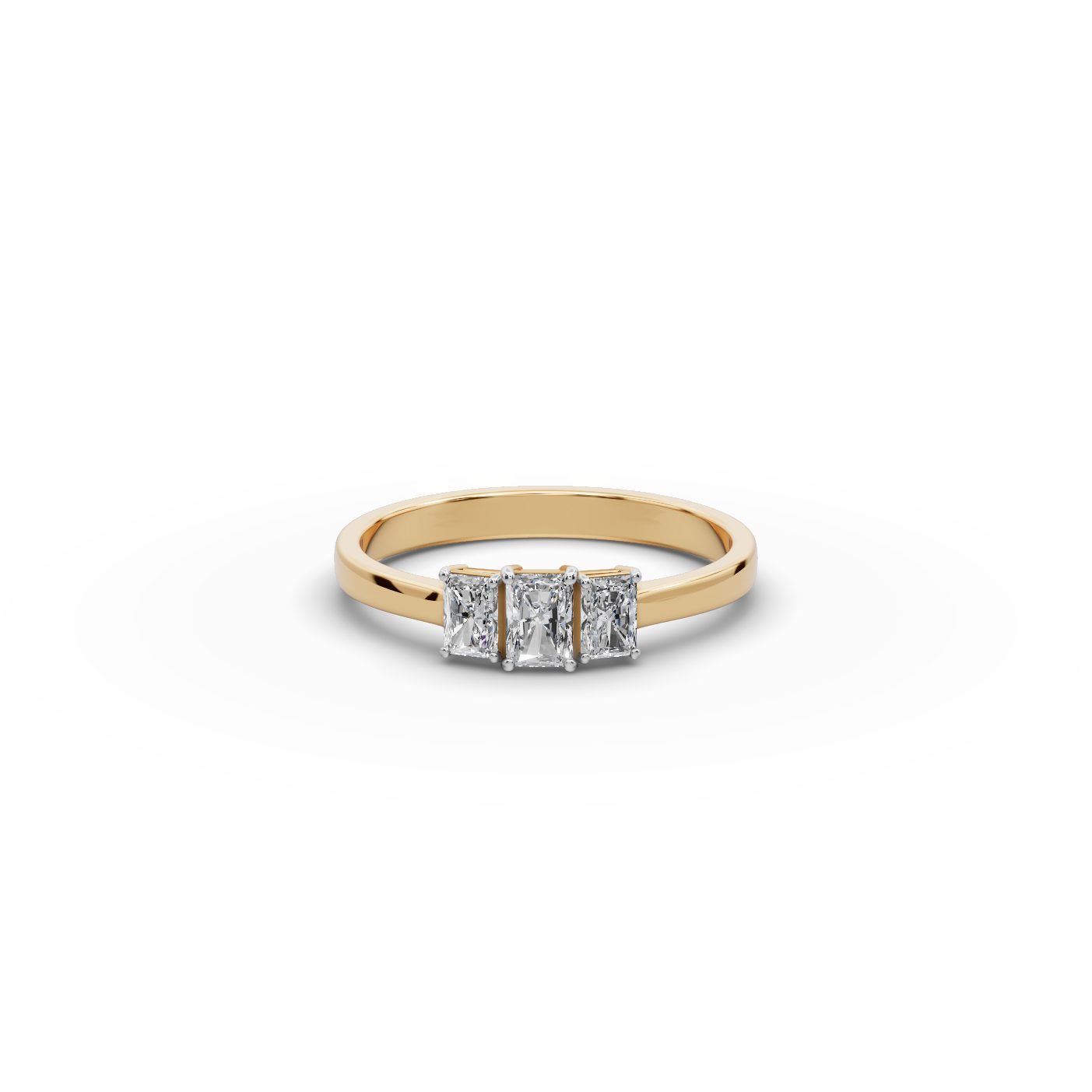 Regal Light Radiant Lab-Grown Diamond Three Stone Ring in yellow gold, set with lab-grown diamonds