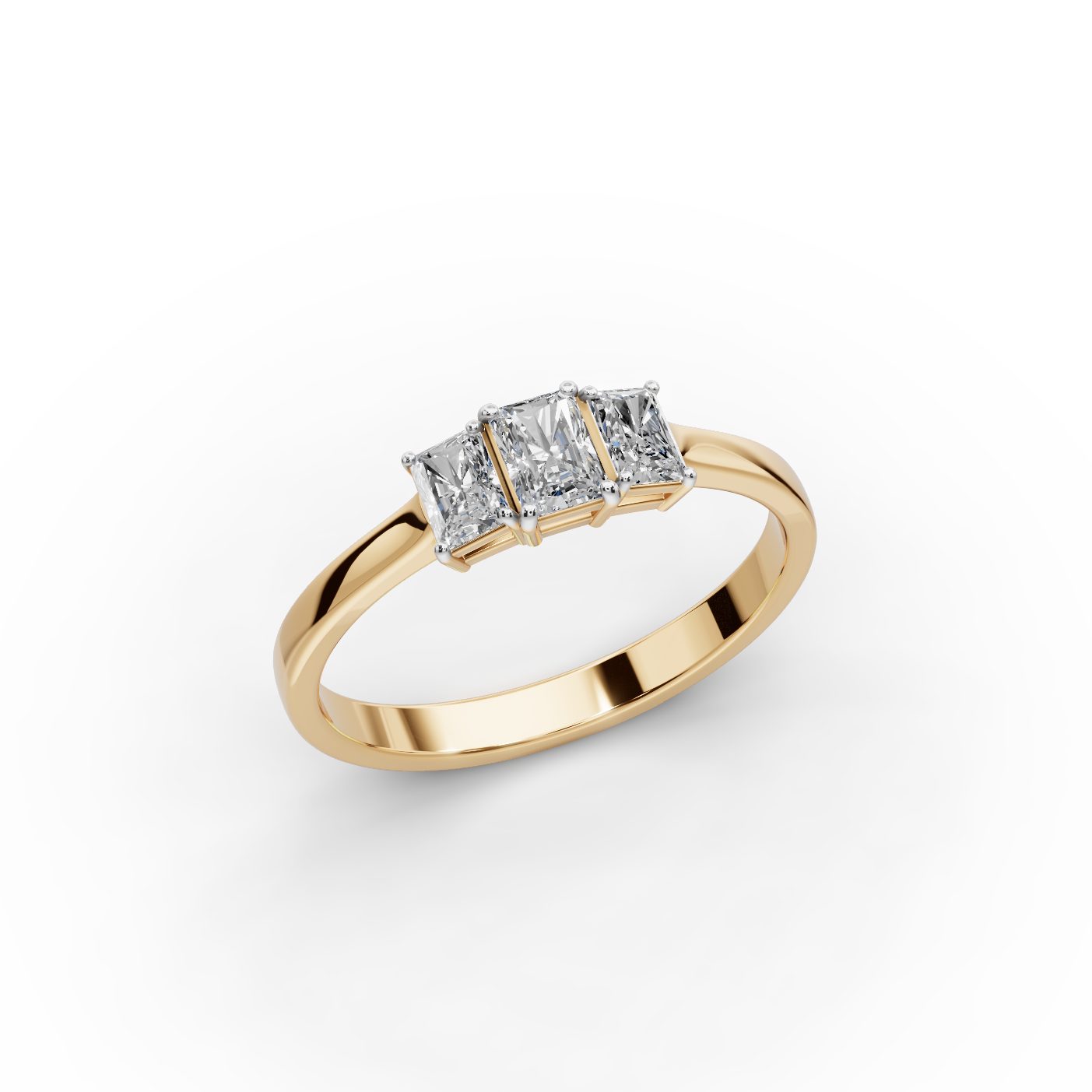 Regal Light Radiant Lab-Grown Diamond Three Stone Ring in yellow gold
