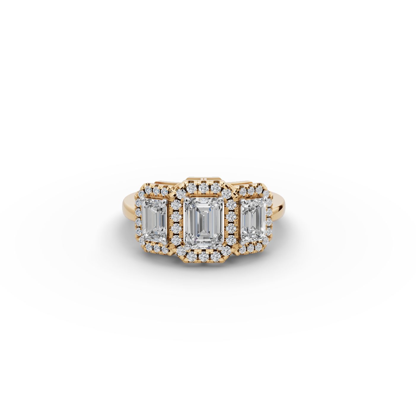 Luminous Sparkle Emerald Lab-Grown Diamond Three Stone Ring in yellow gold, set with lab-grown diamonds