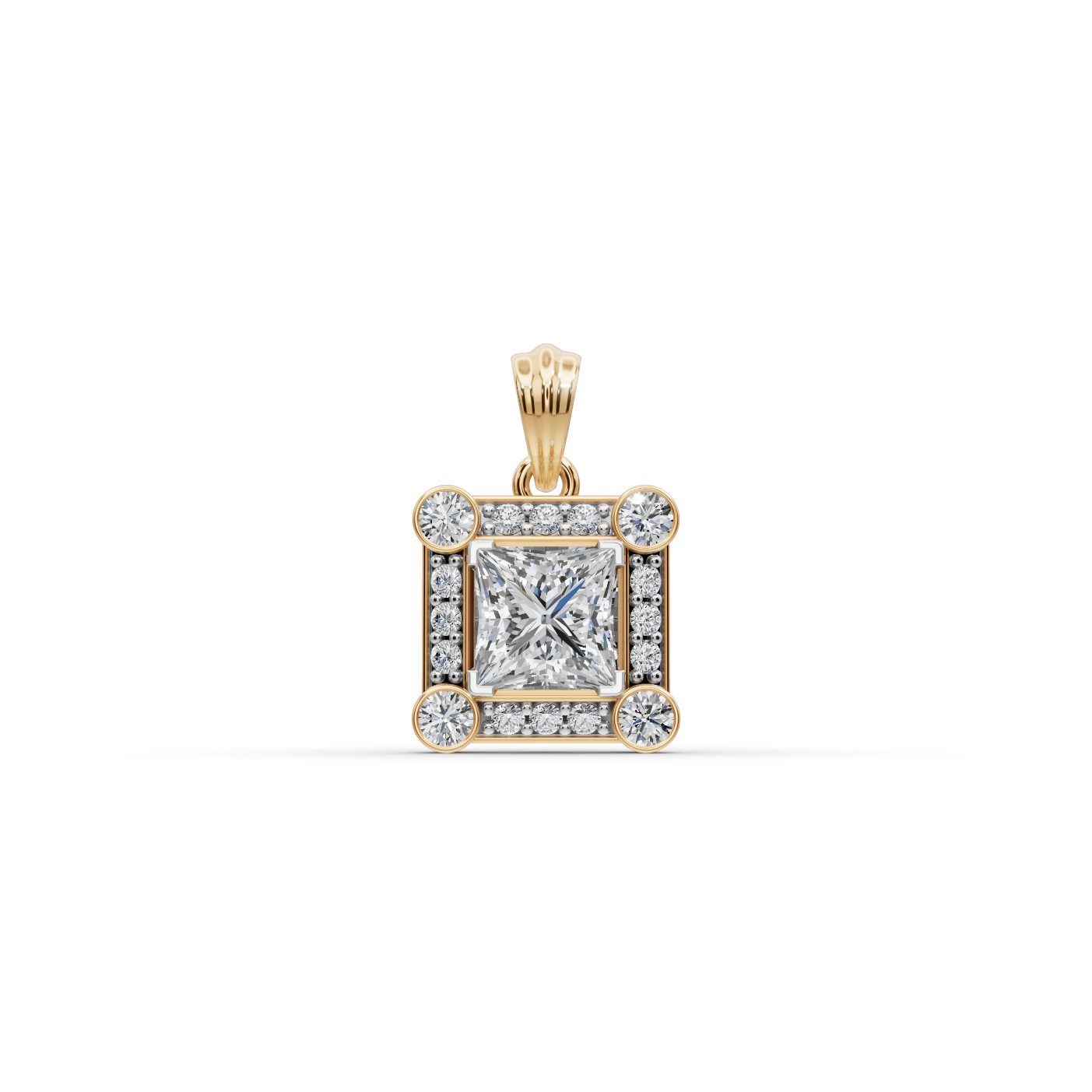 Radiant Ember Princess Lab-Grown Diamond Halo Pendant in yellow gold, set with lab-grown diamonds